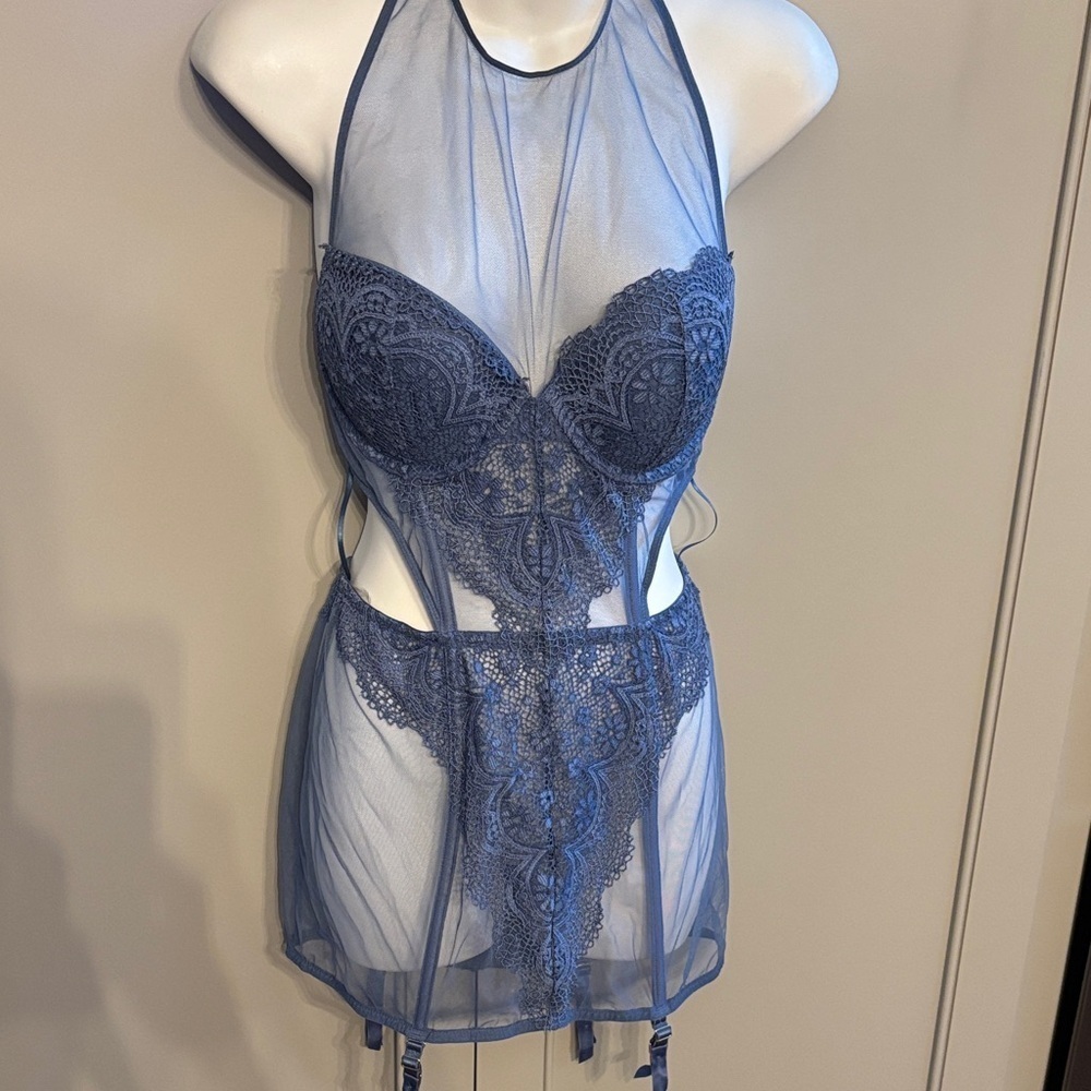 Victoria's Secret Size 36C High Neck Blue Mesh Corset Garter Straps Lingerie ￼ - Picture 2 of 8